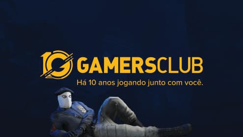 Arte da Gamers Club: o logo de dez anos sobre um jogador competitivo mascarado.