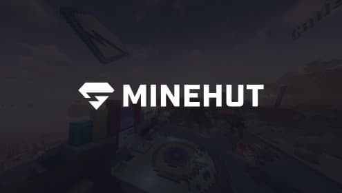 O logo da Minehut sobre uma captura esmaecida de um mundo de Minecraft construído por jogadores.